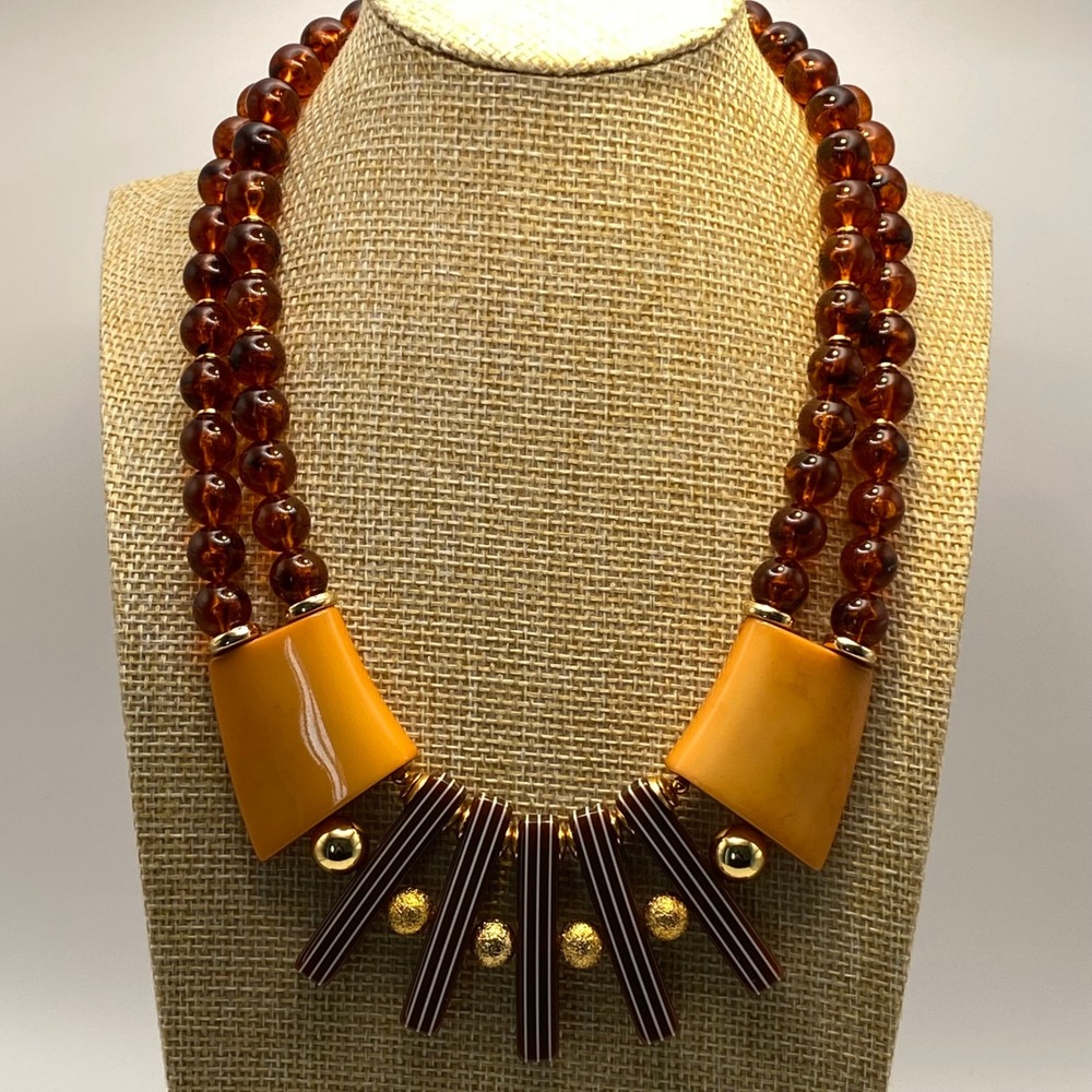 Vintage Essex of Canada Necklace Lucite Resin Retro Orange Amber Brown Striped
